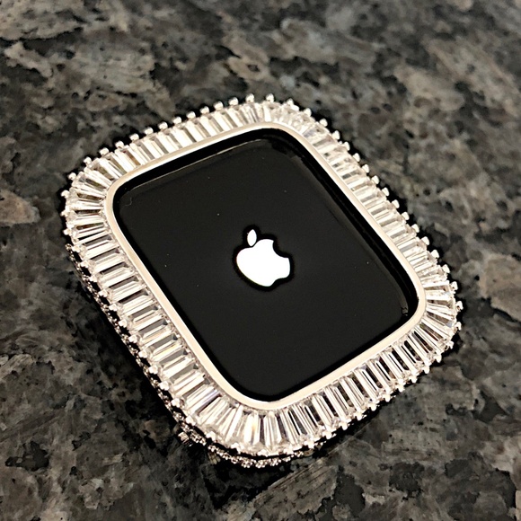 2 pc Apple Watch set white gold lab diamond case and crystal band classy bling - Picture 9 of 11